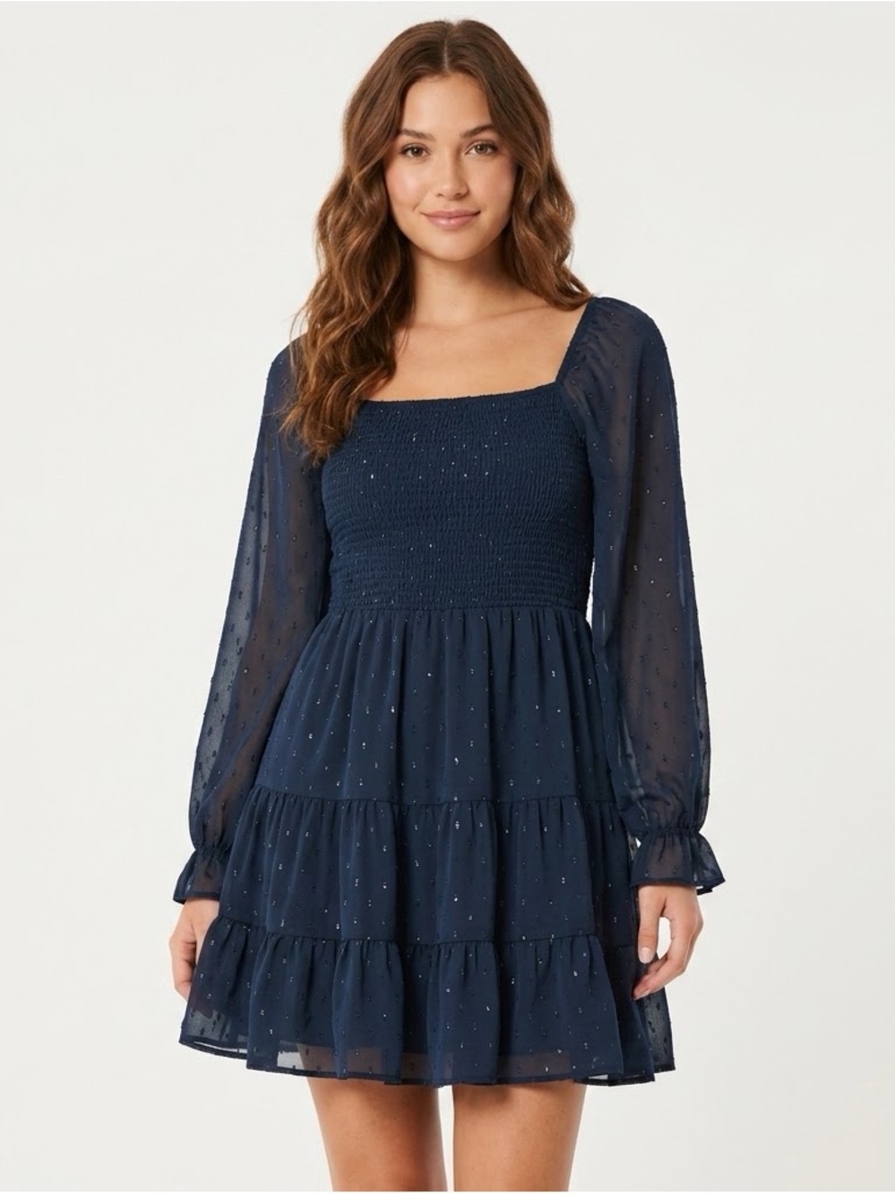 Altar’d State Sparkle Metallic Clip Dot Smocked Tiered Mini Dress Navy Blue Med